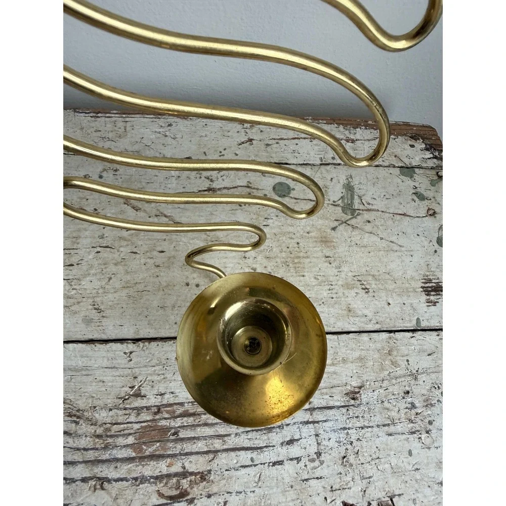 Vintage Brass Wavy Wire Wall Sconce Zig Zag Taper Candle Holder MCM Abstract